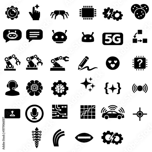 Artificial intelligence robotics icon pack
Minimal solid icons for AI robotics UI dashboards apps and modern digital technology systems