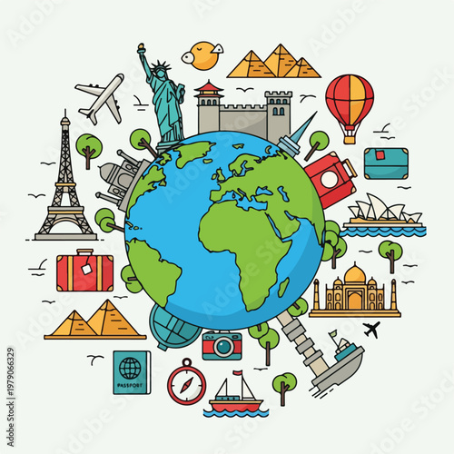 Colorful travel illustration, global globe surrounded by iconic world landmarks
