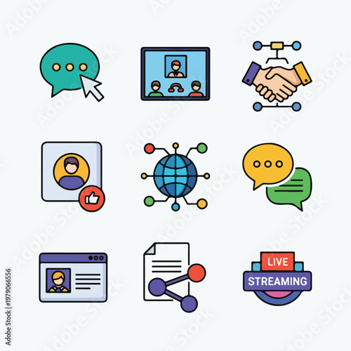 Icons representing communication, connection, and data sharing in a digital world