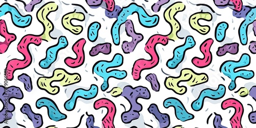 A whimsical pattern of colorful, blob-like shapes with black outlines, on a white background