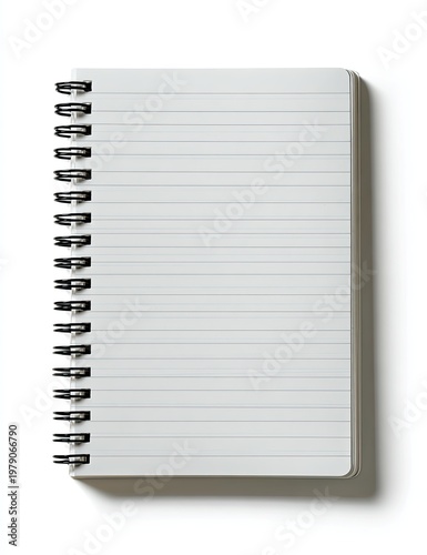 A top-down view of a small, open notebook with lined pages, a spiral binding, and shadow