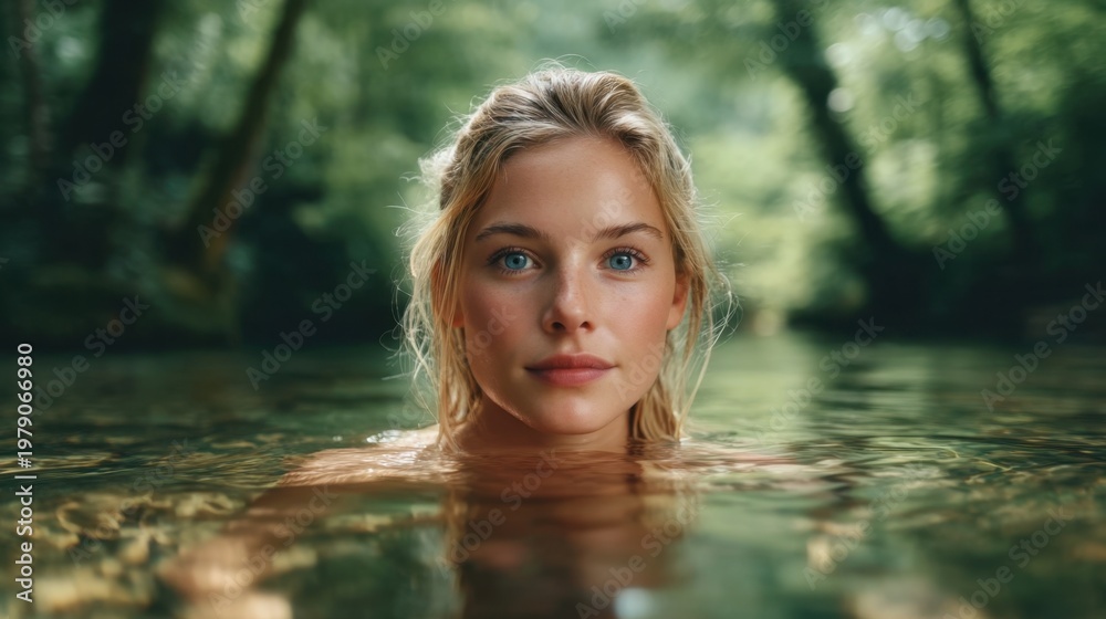 Fototapeta premium Young Woman with Blonde Hair and Blue Eyes Swimming in Tranquil Forest Water Setting