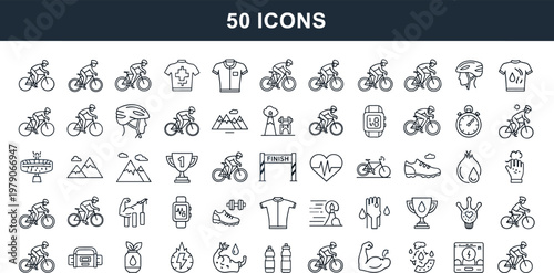 Cycling sport line icon set with bicycle gear fitness equipment race elements for training apps and sports branding