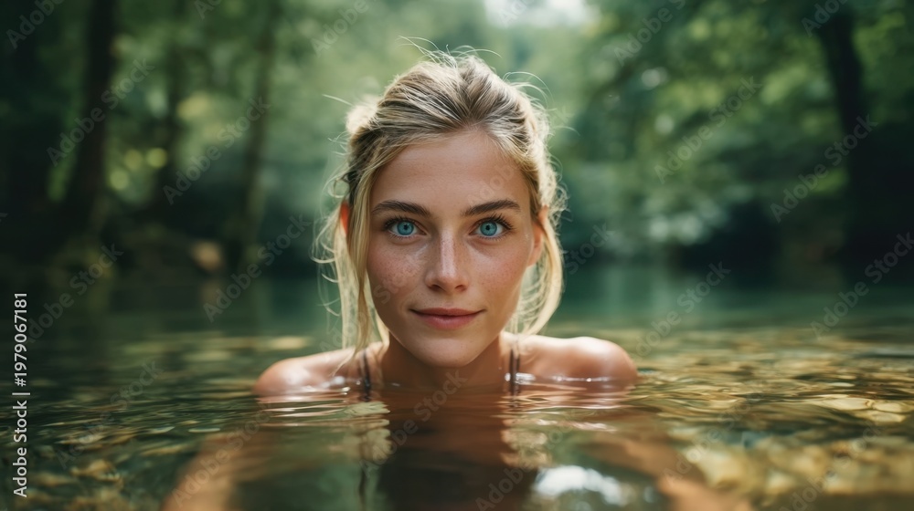 Fototapeta premium Young Blonde Girl with Blue Eyes Swimming in a Serene Natural Setting Surrounded by Lush Greenery