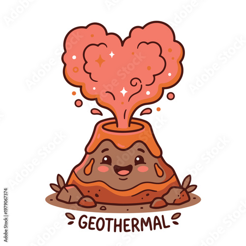 Smiling cartoon volcano with heart eruption.