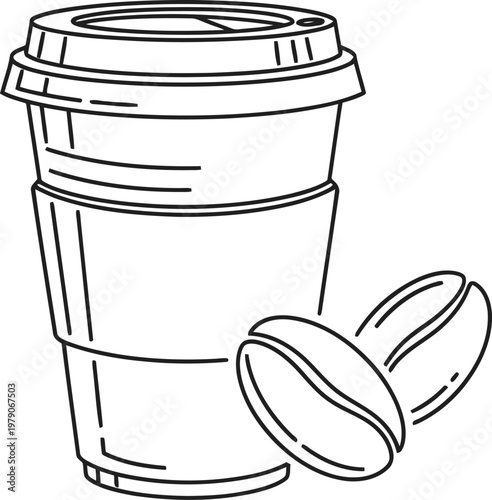 black coffee cup with lid and beans