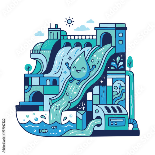 Smiling cartoon sea creature emerging water.