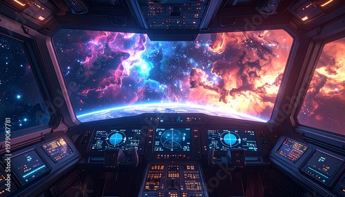 Futuristic Spacecraft Control Room with Nebula View.