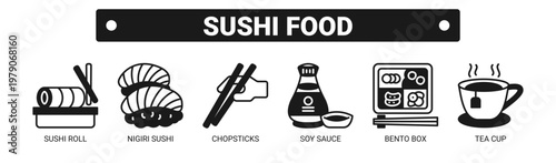 Sushi Food web banner icon vector illustration concept with icons of sushi roll, nigiri sushi, chopsticks, soy sauce, bento box, and tea cup. 