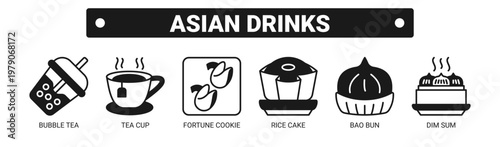 Asian Drinks web banner icon vector illustration concept with icons of bubble tea, tea cup, fortune cookie, rice cake, bao bun, and dim sum. 