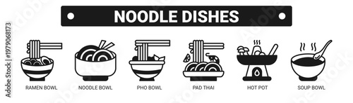 Noodle Dishes web banner icon vector illustration concept with icons of ramen bowl, noodle bowl, pho bowl, pad thai, hot pot, and soup bowl. 