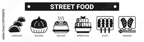 Street Food web banner icon vector illustration concept with icons of dumpling, bao bun, dim sum, spring roll, satay, and tempura. 