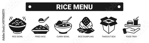 Rice Menu web banner icon vector illustration concept with icons of rice bowl, fried rice, curry bowl, rice dumpling, takeout box, and food tray. 
