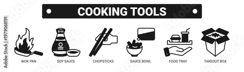 Cooking Tools web banner icon vector illustration concept with icons of wok pan, soy sauce, chopsticks, sauce bowl, food tray, and takeout box. 