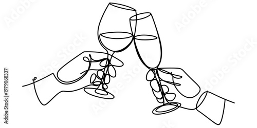 A minimalist single line drawing of two hands holding wine glasses together in a celebratory toast