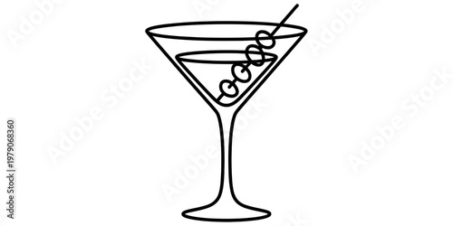 A simple black and white line art illustration of a martini glass garnished with three olives