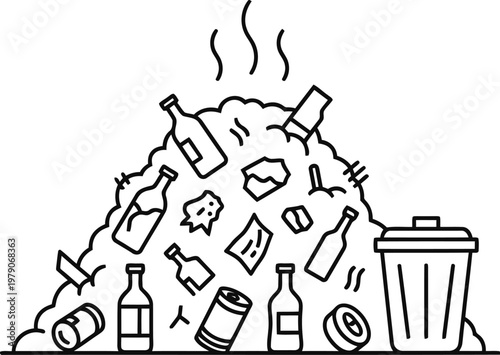 overflowing trash can with bottles and garbage