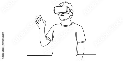 A single continuous line drawing of a person wearing a virtual reality headset and waving hand