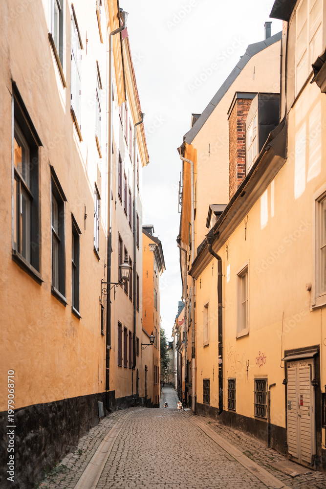 Fototapeta premium Gamla Stan old city in Stockholm, Sweden views of orange and yellow homes.