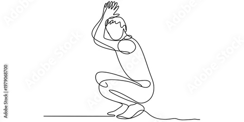 A single continuous line drawing of a person in a crouching pose with hands raised above the head.