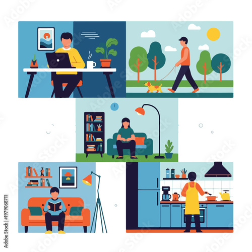 Illustration depicting daily routines working, walking dog, reading, cooking