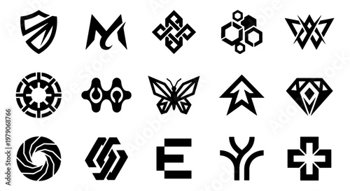 Minimalist geometric logo set, 15 black abstract icons, modern corporate branding symbols, futuristic vector graphic elements for tech identity