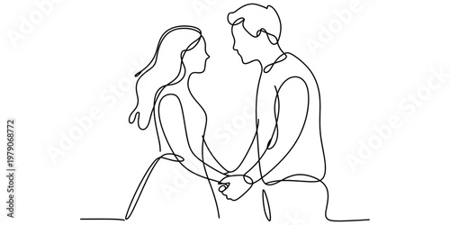 A minimalist continuous line drawing depicting a romantic couple holding hands and gazing at each