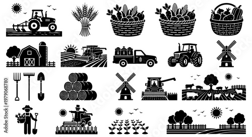 Agriculture and farming icon set, black silhouette farm machinery and harvest symbols, 20 vector elements for organic food production and rural life