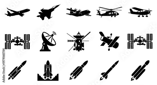 Aviation and aerospace silhouette icons set, 15 vector elements of aircraft and spacecraft, black airplane and rocket ship symbols for flight technology