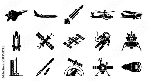 Aviation and aerospace icon set, 15 black vector silhouettes of aircraft and spacecraft, rocket launch and satellite symbols for technology design