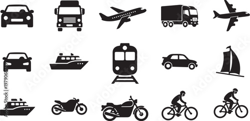 Transportation modes and vehicles icon set collection