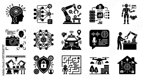 Artificial intelligence and machine learning icon set, 15 black vector glyphs for robotics and automation, neural network and smart technology symbols
