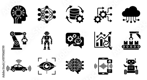 Artificial intelligence icons set, 15 machine learning and robotics vector symbols, black solid digital technology signs for automation and data science