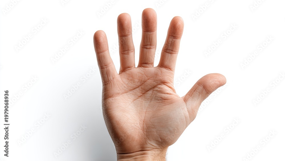Fototapeta premium A human hand, palm open, with fingers extended, against white