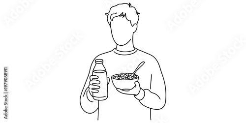 A simple line drawing of a young man holding a bowl of cereal and a bottle of milk for breakfast