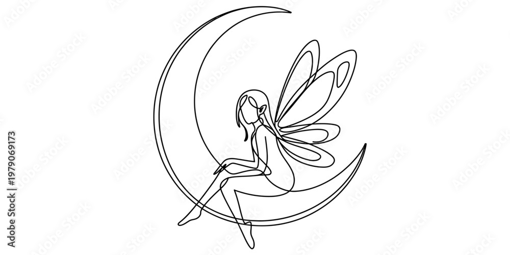 Fototapeta premium A minimalist single line drawing of a fairy with wings sitting gracefully upon a crescent moon