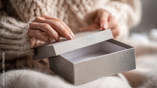 Close-Up Moment of Hands Carefully Lifting Lid of Gray Box with Soft Background