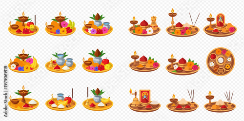 Set of Traditional Indian Puja Thali with Offerings for Religious Ceremonies and Festivals.