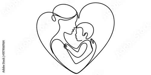 A single continuous line drawing of a mother holding her small child inside a heart shape frame