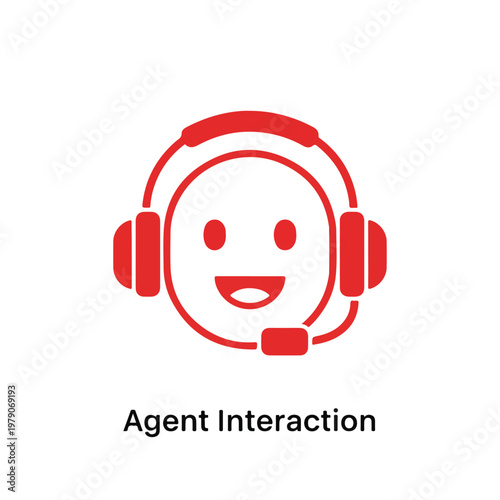A red headset-wearing smiley face with text below
