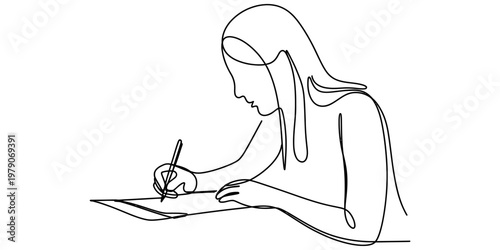 A single continuous line drawing of a woman focused on writing something down on a white paper