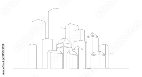 Modern Cityscape Sketch: Tall Buildings and Houses in Outline