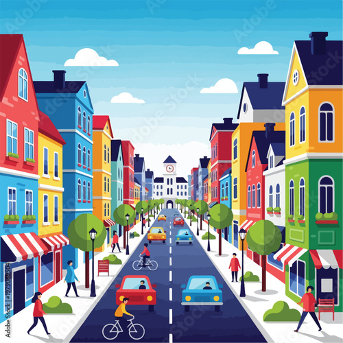 Cars and people on city street.