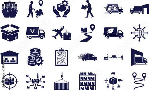 Industrial logistics fleet and transportation management black vector silhouette icons set for delivery services and inventory control on transparent background