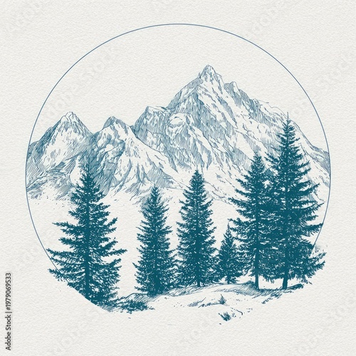 Pen and ink illustration of snow-capped mountains and evergreen trees within a blue circle