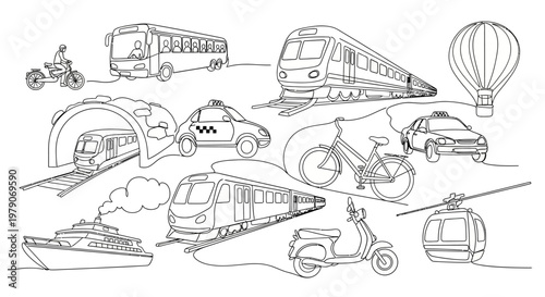 Diverse Transportation Collection: Vehicles, Public Transit, and Air Travel