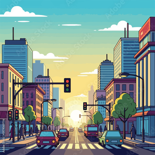 Cars on city street at sunset.