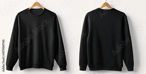 Front and back view of a plain black crewneck sweatshirt hanging on wooden hangers