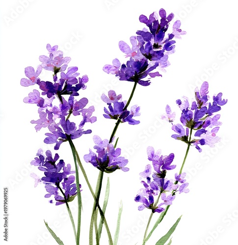 Watercolor illustration of lavender sprigs, purple blooms, green stems, white background