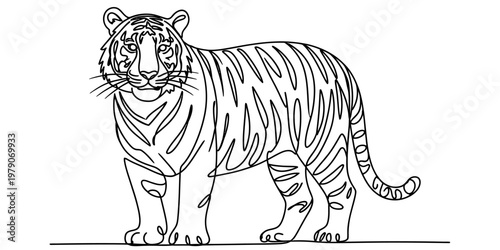 A detailed black and white line drawing of a majestic tiger standing in a peaceful side profile.